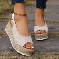 Women's Platform Sandals Summer New Large Size Fish Mouth Slope Heel Stones Pattern Shoes Thick Bottom Clog Casual Slip-On