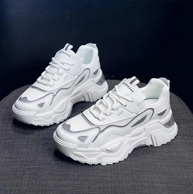 Casual Sporty Women's Shoes Fashion Versatile Thick Sole Increased Height Lightweight Breathable White Shoes