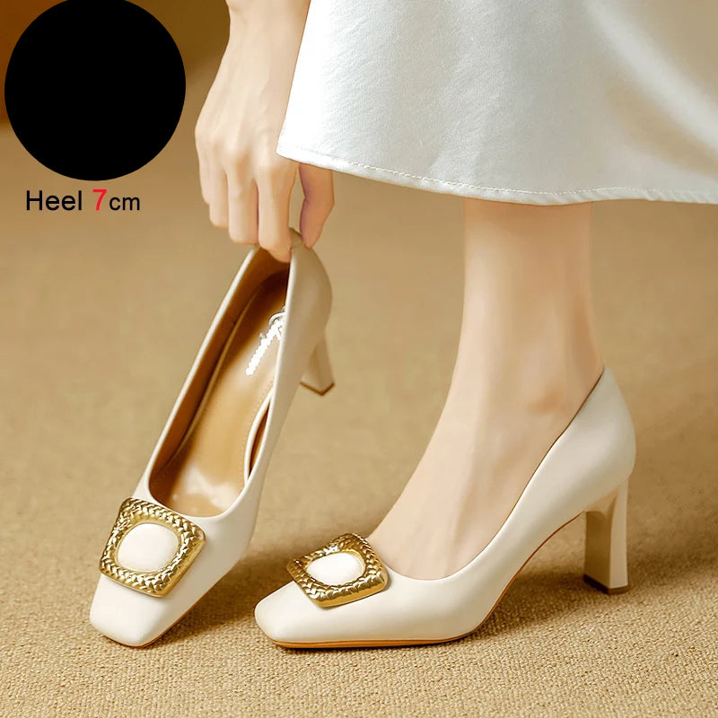 Basic Shallow Square Toe Women Pumps High Quality PU Leather Matte Thick Heel Office Shoes Woman Maroon 7CM High Heels