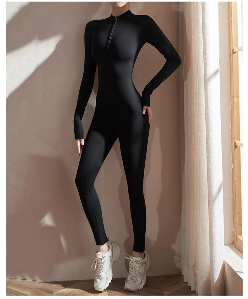 Women Jumpsuits Long Sleeve Yoga Slim Fit Stretch One Piece Romper Sexy Fitness Female Black Basic Sport wears Tight Zipper