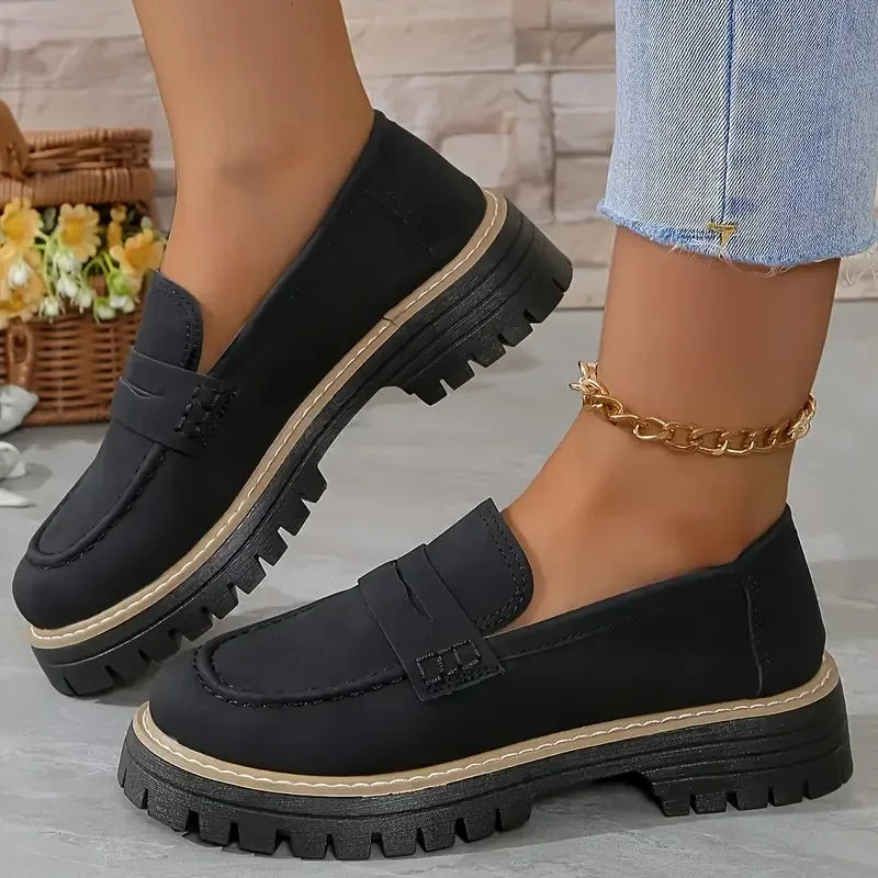 Loafers casual sandblasted British style women's shoes with thick heels and retro single shoes