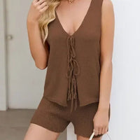 V-neck Sleeveless Vest Single-row Lace-up Casual Shorts Two-piece Set Women's Casual Commuting Beach All-match Shorts Set Natalia Home Fashion    Natalia Home Fashion