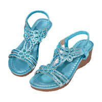 Bohemian Style Thick Heel Sandals Summer Fashion Beach Diamond Women's Shoes round Head Roman Style PU Leather Roman Sandals