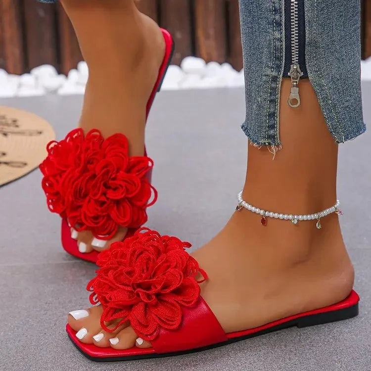 Women's Casual Floral Sandals Flat Bottom Beach Slippers Fashionable Comfortable PU Leather Outerwear Rubber Sole - Natalia Home Fashion