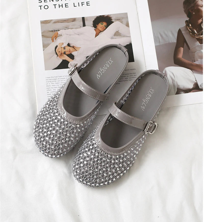 Luxury Shinny Diamond Women Mules Slippers Summer Shoes Crystal Footwear Rhinestones Slip On Brand Mary Jane Sandals Mesh Clogs