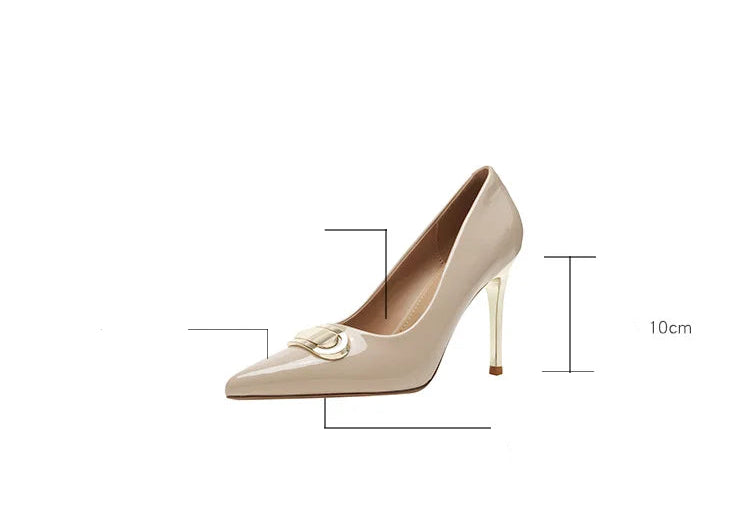 French Style Single Shoes Spring Women Pumps New Pointed Toe Shallow Mouth Metallic Buckle Commuting Shoes Stiletto Single Shoes