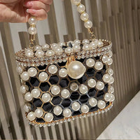 Luxury Pearl Beaded Metal Cage Hollow Out Women Handbag Rhinestones Diamond Evening Bag Wedding Party Clutch Purse Crossbody Bag