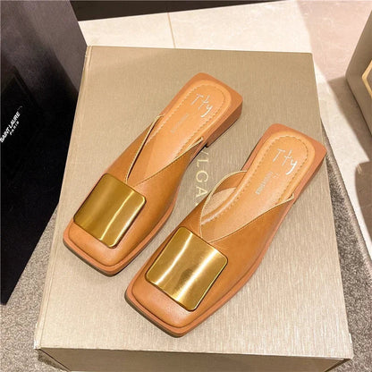 Women Slippers Brand Designer Fashion Metal Buckle Flat Heels Square Toe Shallow Shoes for Women Outdoor Slide Female Casual Natalia Home Fashion    Natalia Home Fashion