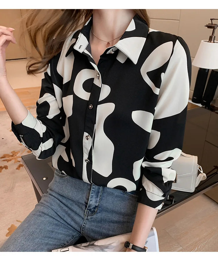 Elegant Long Sleeve Floral Print Chiffon Shirt Women's Versatile High-End Fashion Top Spring City Style Commute Shirt