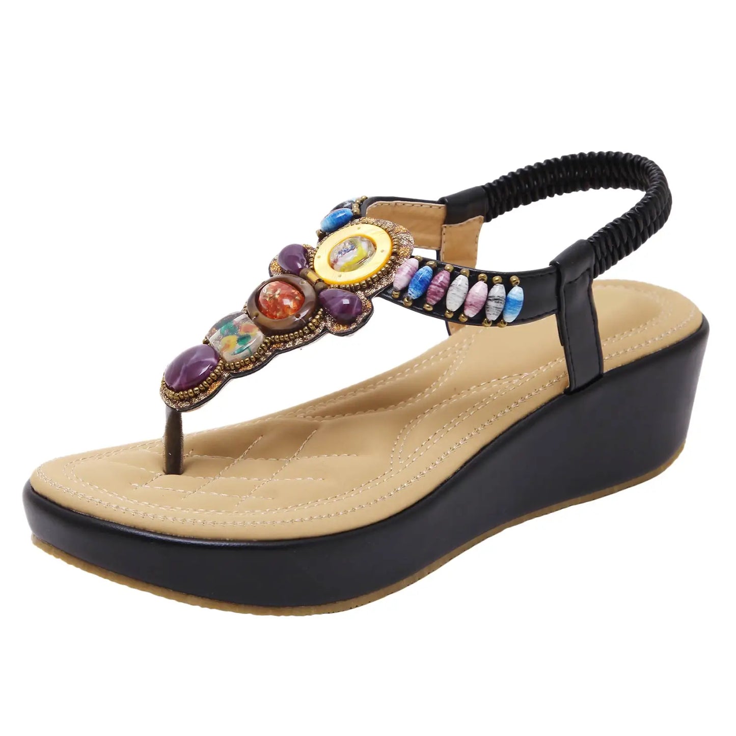 Sandals Women PU Flip Flops Casual Shoes Woman Beading Elastic Band Wedges Sandals Ethnic Style Fashion Flats - Natalia Home Fashion