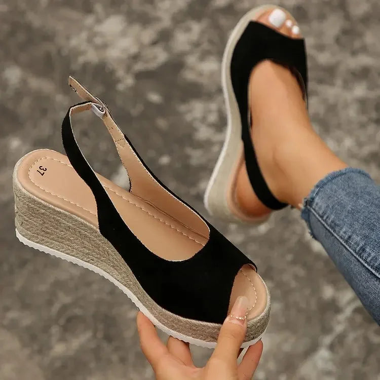 Women's Platform Sandals Summer New Large Size Fish Mouth Slope Heel Stones Pattern Shoes Thick Bottom Clog Casual Slip-On