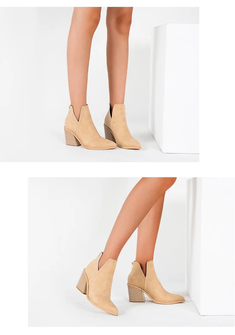 Boots Women Ankle Leopard Mid Heel Shoes Female Slip-On Casual Black Square Heel Booties