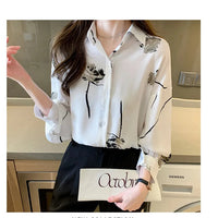 Women's Blouse Long Sleeve Rose Printed Fashionable Chiffon Shirt Long Sleeve Top