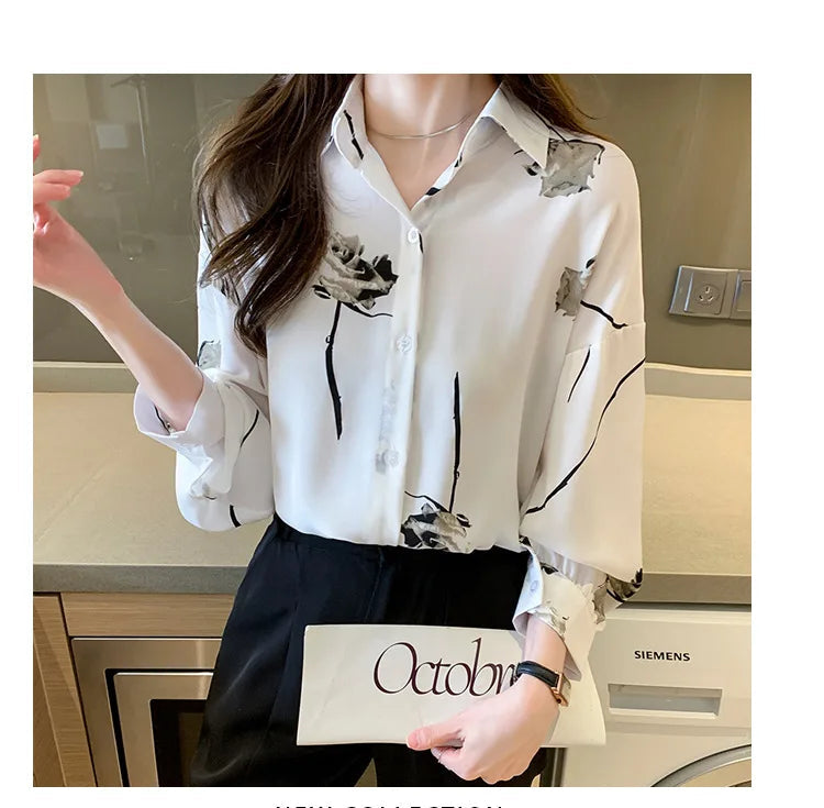 Women's Blouse Long Sleeve Rose Printed Fashionable Chiffon Shirt Long Sleeve Top
