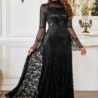Black Lace Mermaid Elegant Evening Dress for Women High Neck Long Sleeve Sequins Party Dresses Prom Gowns Wedding