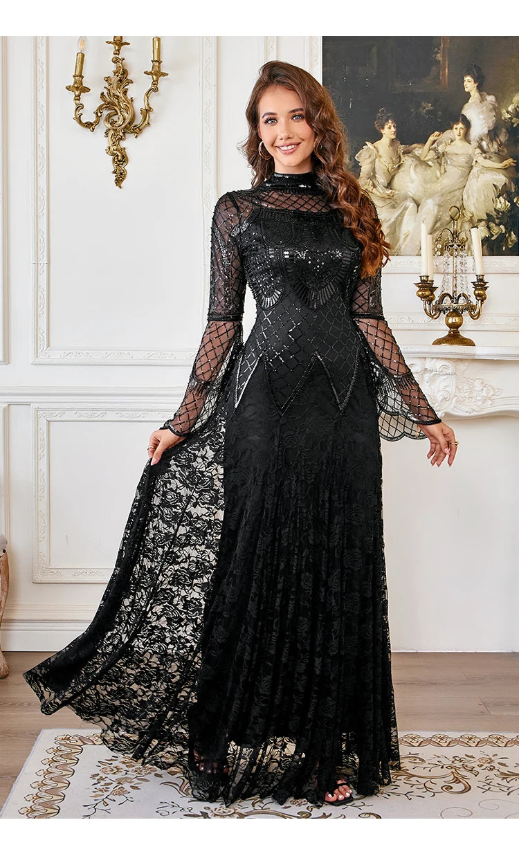 Black Lace Mermaid Elegant Evening Dress for Women High Neck Long Sleeve Sequins Party Dresses Prom Gowns Wedding