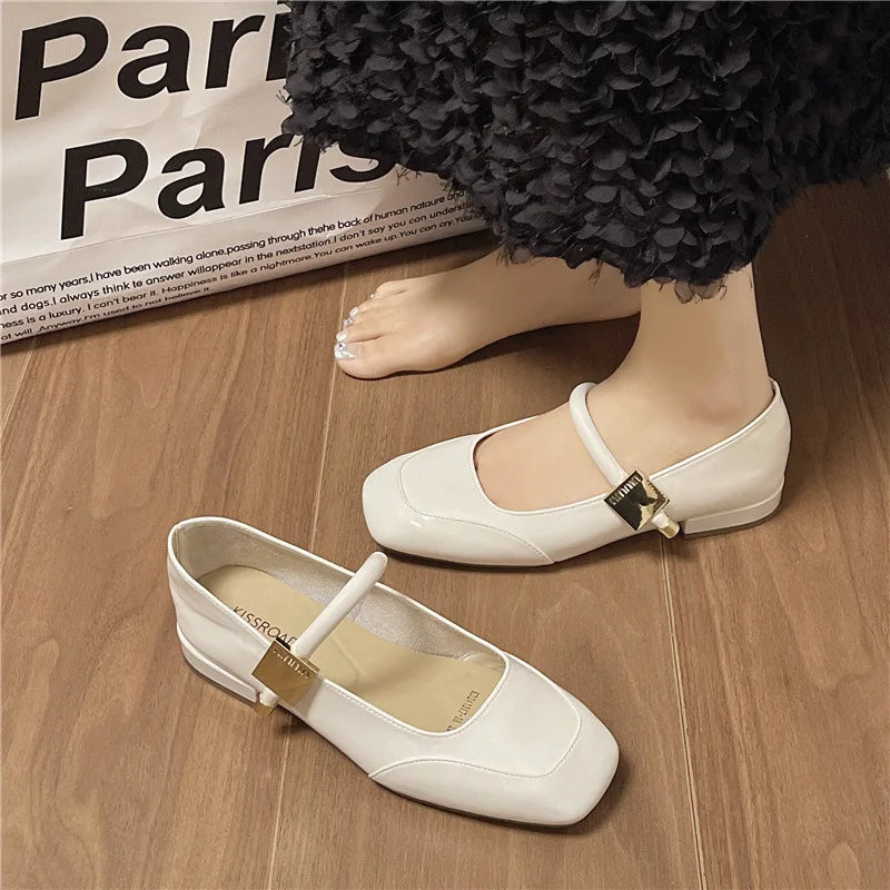 Women Mary Jane Shoes French Retro Square Toe Low Heels Shoes Women's Comfortable Ballet Shoes