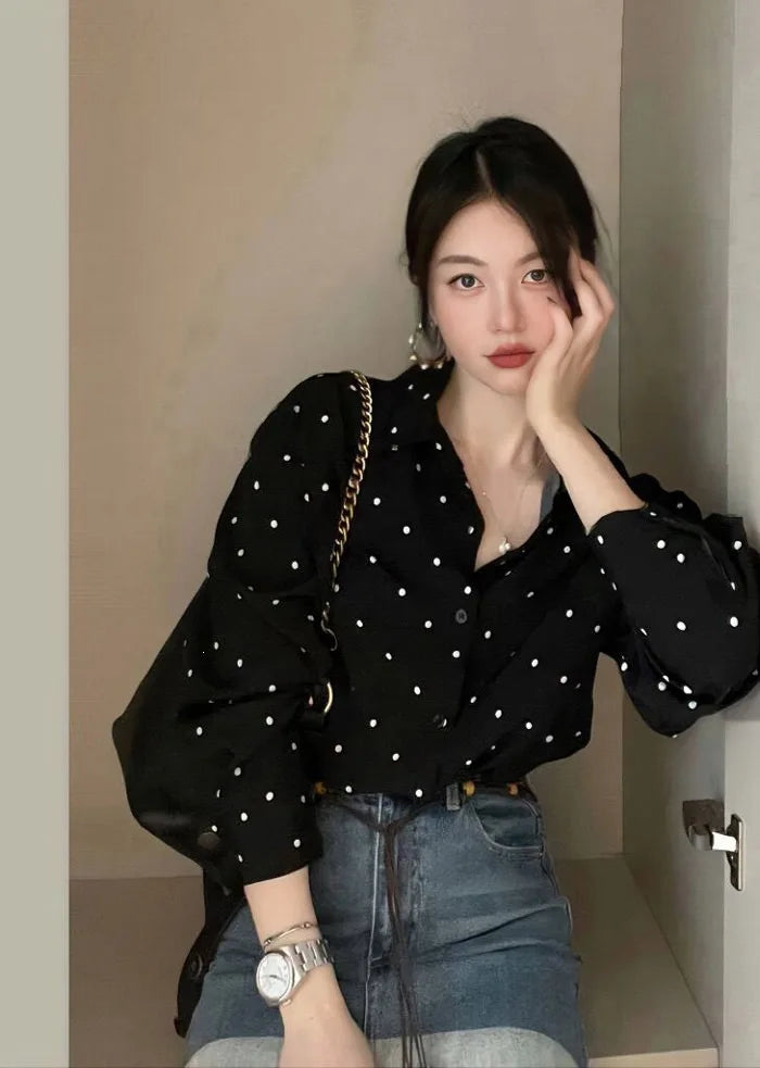 Chic Polka Dot Long Sleeve Shirt Women's Turn-down Collar French Style Simple Design Spring Summer New Arrival