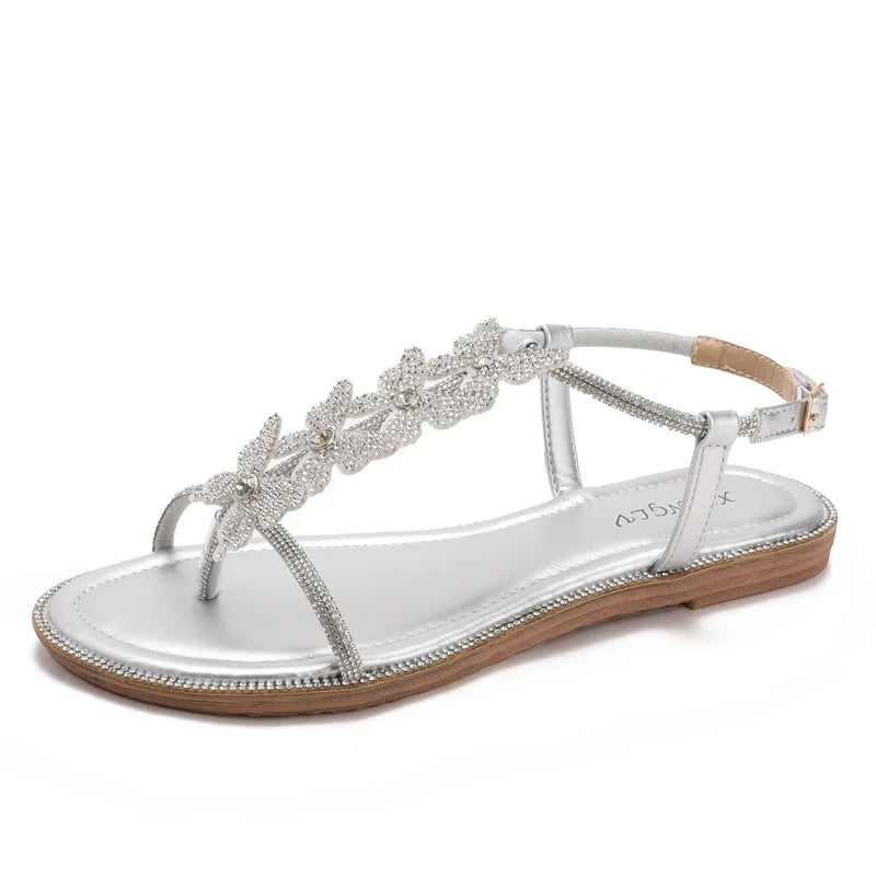 Single-strap rhinestone bow flat sandals, new summer fashion, simple and stylish, suitable for outdoor wear, Roman beach shoes