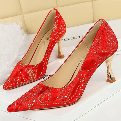 Shoes Lace glitter fabric women pumps Design Kitten heels Women shoes Female Occupation Office Shoes