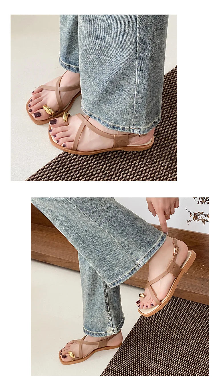 Women's Roman Style Toe-Over Sandals Flat Bottom Outdoor Wear Crossbody PVC Material Anti-Slip Low Heel Footwear