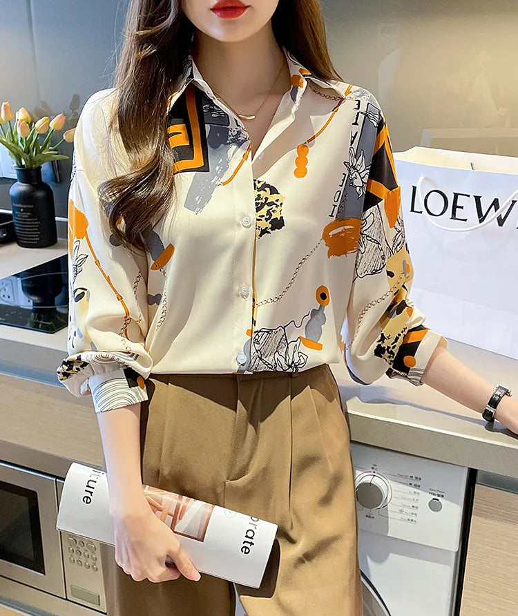 Spring Chiffon Shirt Women's Long-sleeved Printed Color Niche Chiffon
