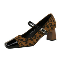 Leopard Print Women Pumps Suede Middle Heel Shoes Sexy Mary Jane Shoes Rhinestone Buckle Ladies Shoe Square Head