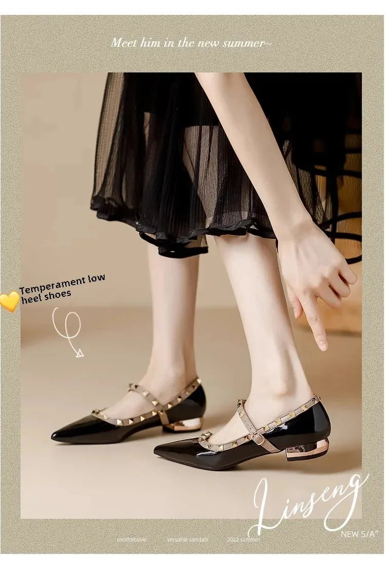 Elegant French Style Cropped Studded Flat Bottom Sandals Women's Summer Tweed Pattern Medial Vacancy Pointe Roman Design