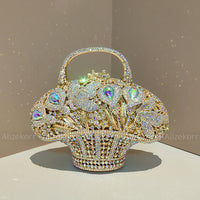 Flower Basket Crystal Evening Bags Women Luxury Designer Elegant Bling Rhinestone Metallic Clutch Purses Wedding Party