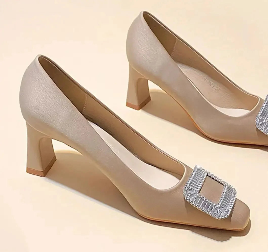 Women's Slip-On Chunky Medium Heel Versatile Boat Shoes Square Buckle Rhinestone Single Shoes