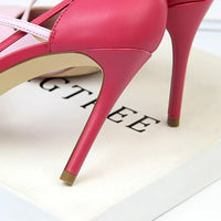 Women 9.5cm High Heels Sandals Nightclub Stripper Heels Sexy Patchwork Party Ankle Strap 2 tone Shoes