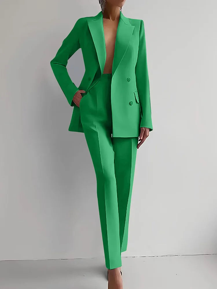 Women Fashion Solid Pant Suits, Office Lady Elegant V-Neck Long Sleeve Blazer Set, Pencil Pants Slim Ladies Outfit