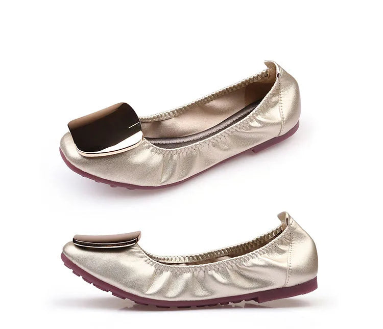 Light Metal buckle roll-up flats ladies shoes cozy moccasins sequined cloth foldable ballet flats
