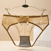 Low Waist Bowknot Lace Hollow Briefs Thin Leaf Flower Mesh Transparent Panties Underpants Open Cotton Crotch