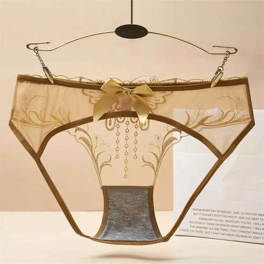 Low Waist Bowknot Lace Hollow Briefs Thin Leaf Flower Mesh Transparent Panties Underpants Open Cotton Crotch