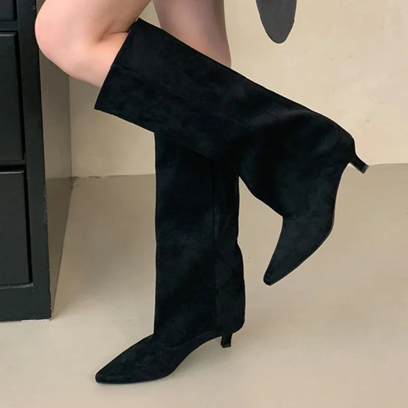 Street Style Pointed Toe Knee-High Boots Women Low Heels Shoes Female Long Booties Women Shoes
