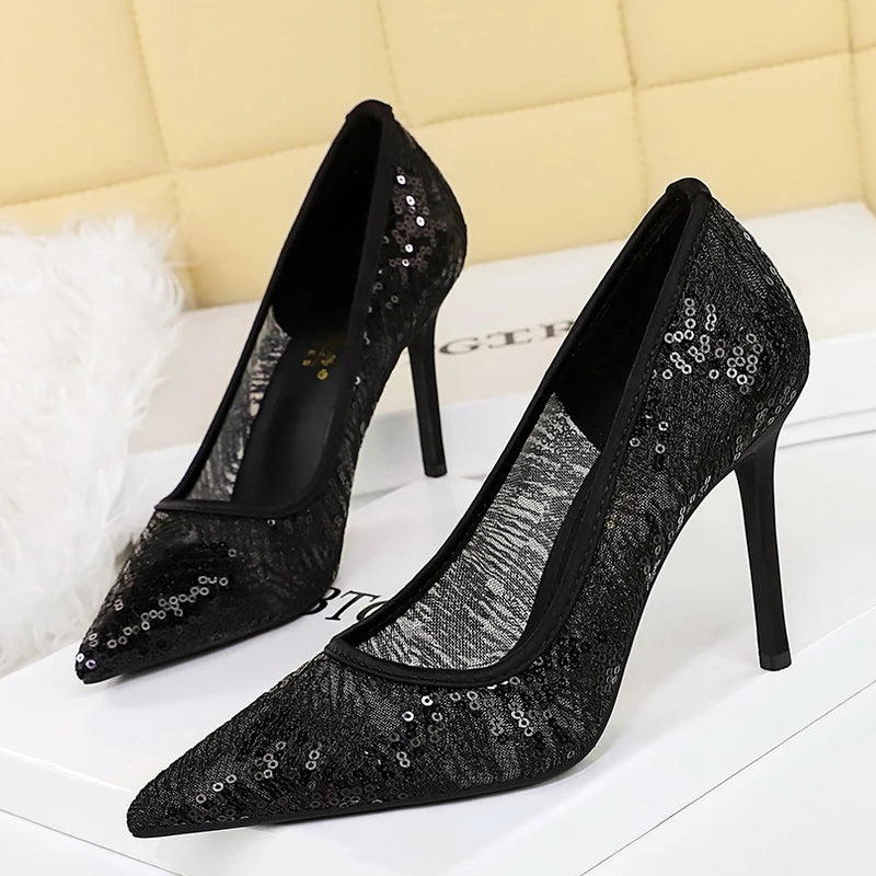 Women Pumps pointed tip High Heels Women 9.5 Cm Heels Lace mesh Wedding shoes Stiletto Sexy party shoes