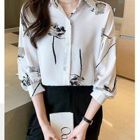 Women's Blouse Long Sleeve Rose Printed Fashionable Chiffon Shirt Long Sleeve Top