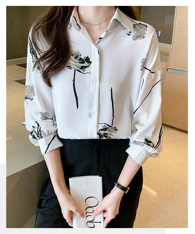 Women's Blouse Long Sleeve Rose Printed Fashionable Chiffon Shirt Long Sleeve Top