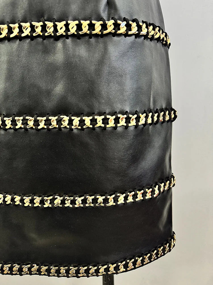 Elegant Socialite Fashion New Heavy Chain Three-Dimensional Ruffle Off-Shoulder Leather Dress Sexy Mini Dress