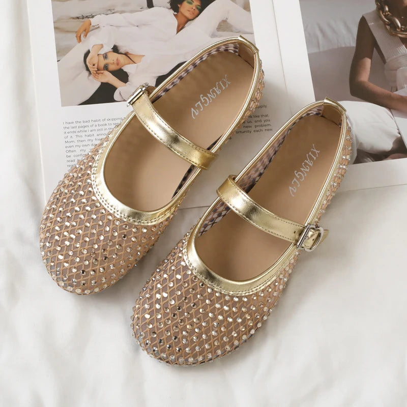 French-style rhinestone mesh Mary Jane shoes, breathable shallow single shoes, fairy-style soft-soled flat shoes