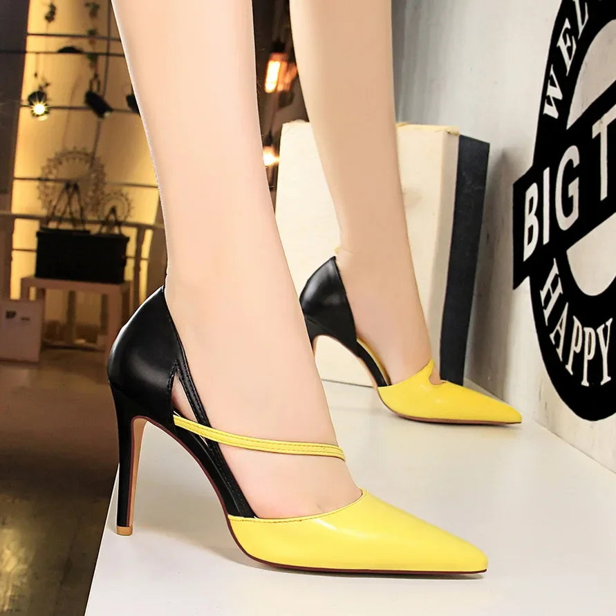 Women 9.5cm High Heels Sandals Nightclub Stripper Heels Sexy Patchwork Party Ankle Strap 2 tone Shoes