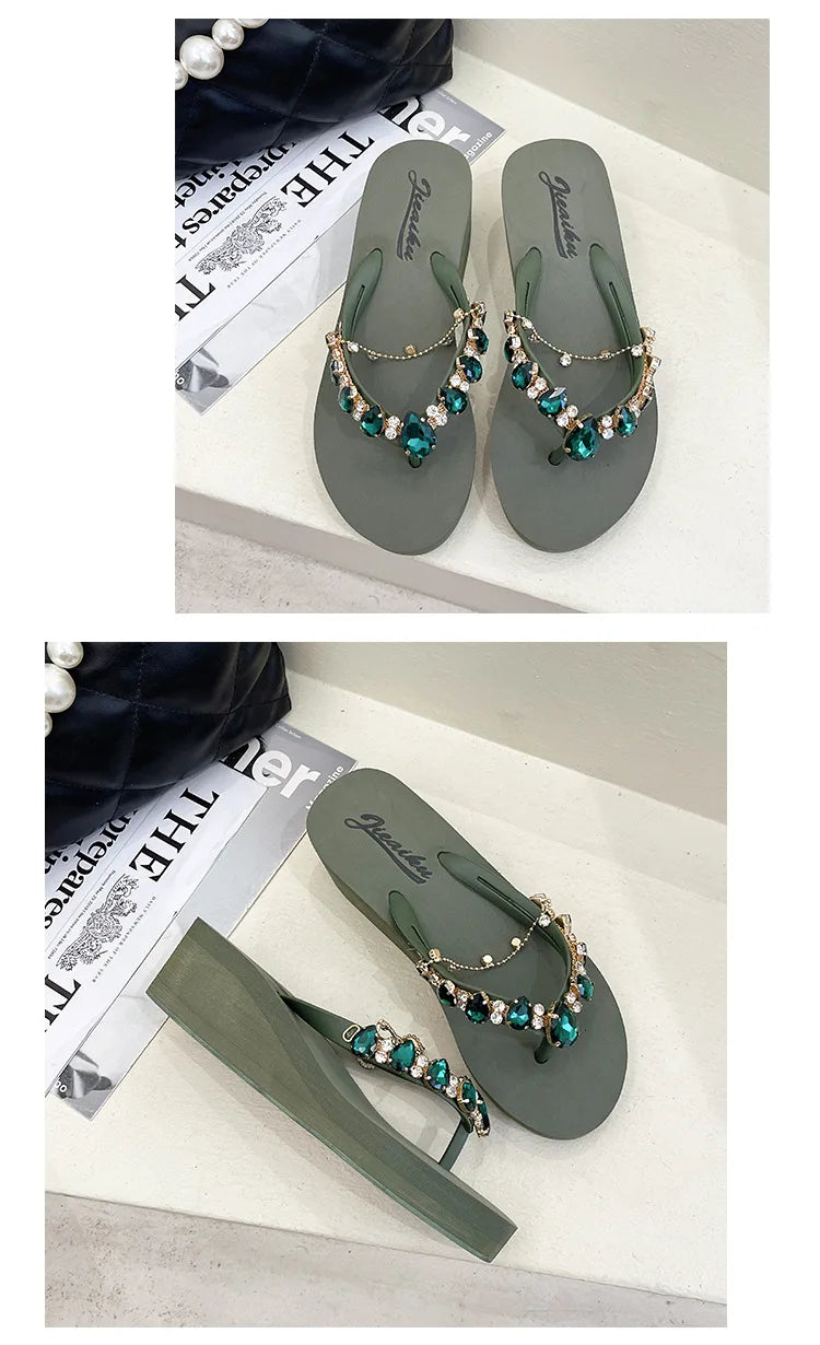 Women Slippers Fashion Summer New Water Diamond Flip Flops Women Outwear Thick Sole Slope Heels Beach Vacation Slippers