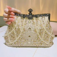 Pearl & Diamond Kiss Lock Clutch Bag Floral Handle Party Bag Metal Chain Cocktail Crossbody Bag