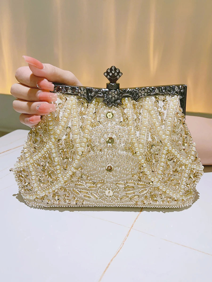 Pearl & Diamond Kiss Lock Clutch Bag Floral Handle Party Bag Metal Chain Cocktail Crossbody Bag