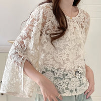 Round Neck Lace Shirt Women's Summer Floral Print Tie Dotted Cotton Blend Full Sleeve Slim Fit Button up Top