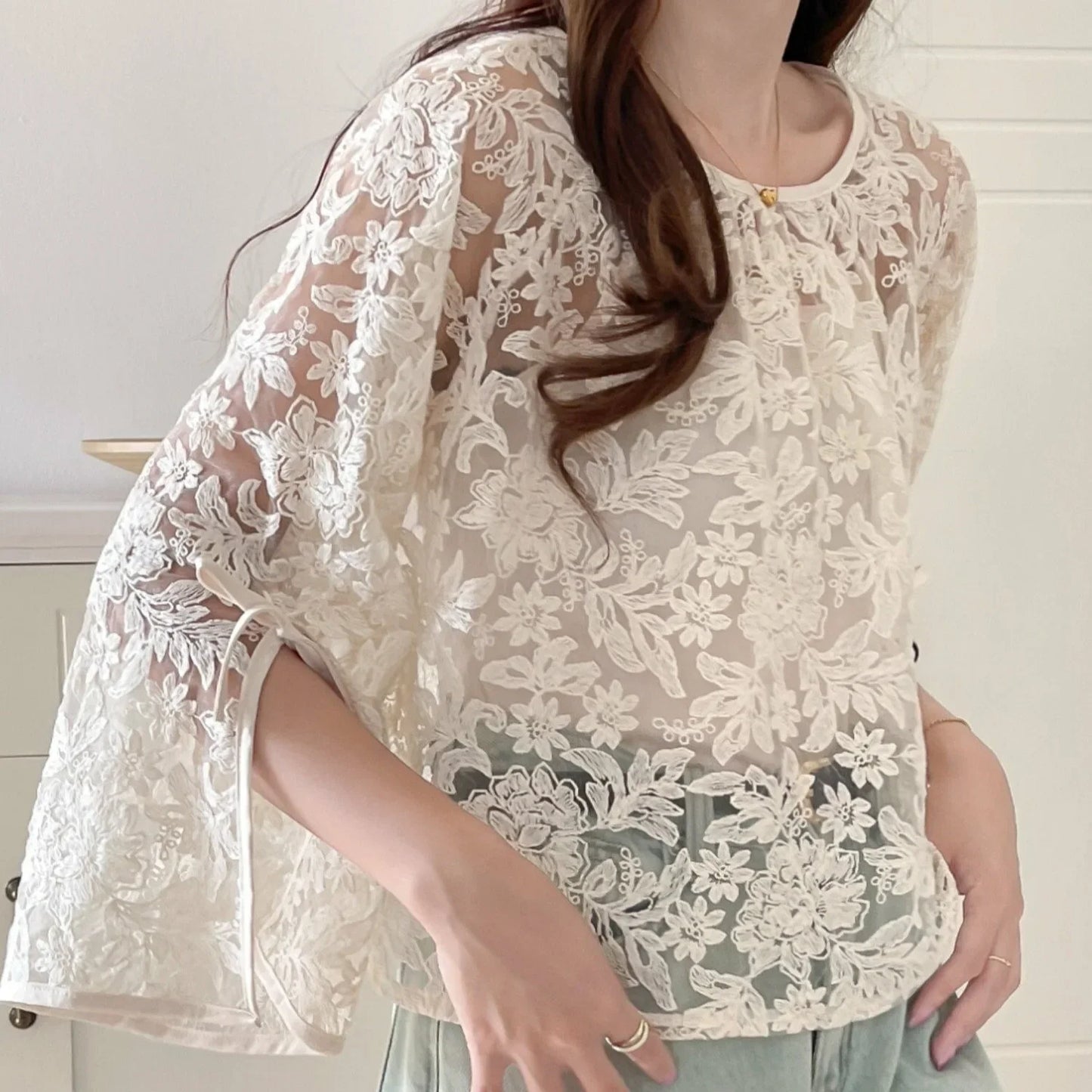 Round Neck Lace Shirt Women's Summer Floral Print Tie Dotted Cotton Blend Full Sleeve Slim Fit Button up Top