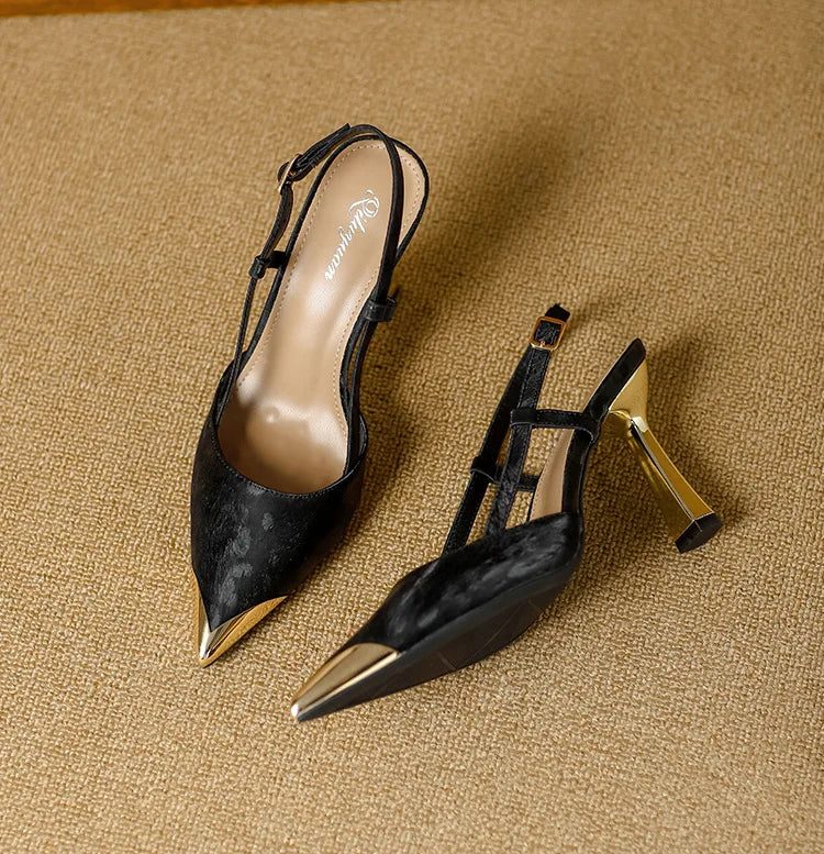 Women's Pumps Sexy Stiletto Sandals Fashion Metallic Pointed Toe Rear Hollow Out High Heels Single Shoes Lady Sandals