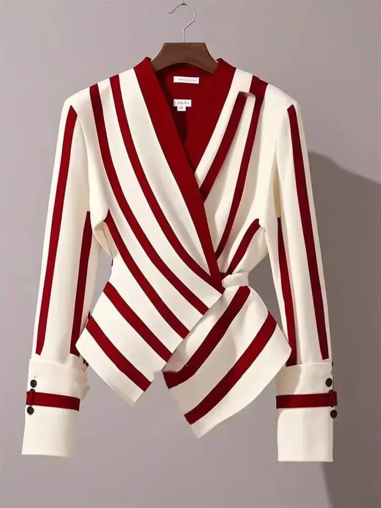 High end Luxury Long Sleeve Shirt for Women Unique Chic Korean Style V-neck Striped Blouse Women Tops Natalia Home Fashion    Natalia Home Fashion