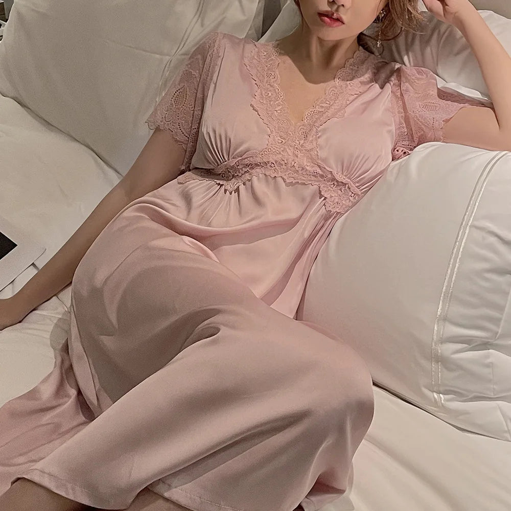 Satin Night Dress Women Sleepwear With Bras Long Lace Nightgown Short Sleeve Sleep dress Loose Intimate Lingerie Nightwear